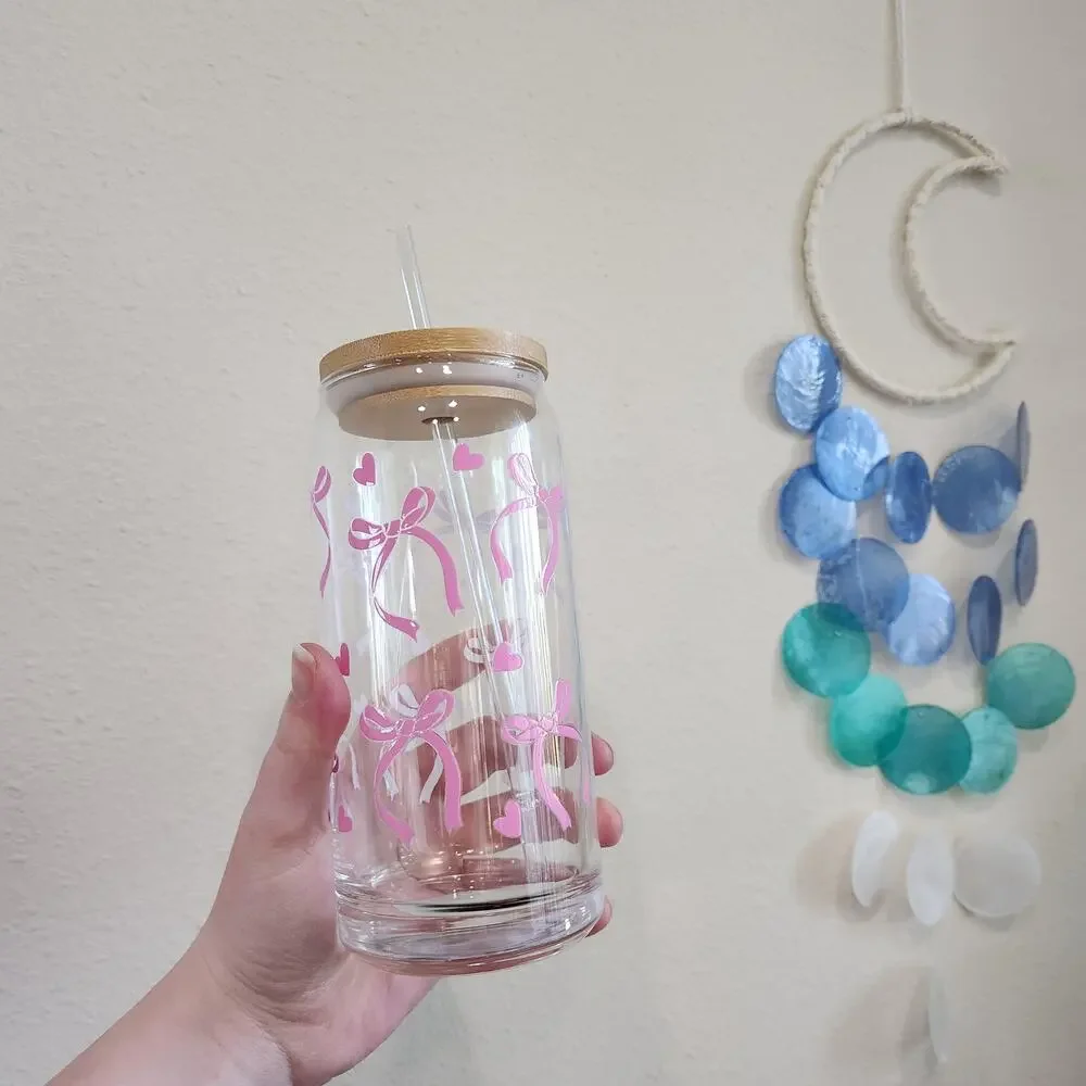 Coquette Pink Bows Balletcore 20 oz Glass Tumbler Cup Bamboo Coffee Matcha Tea